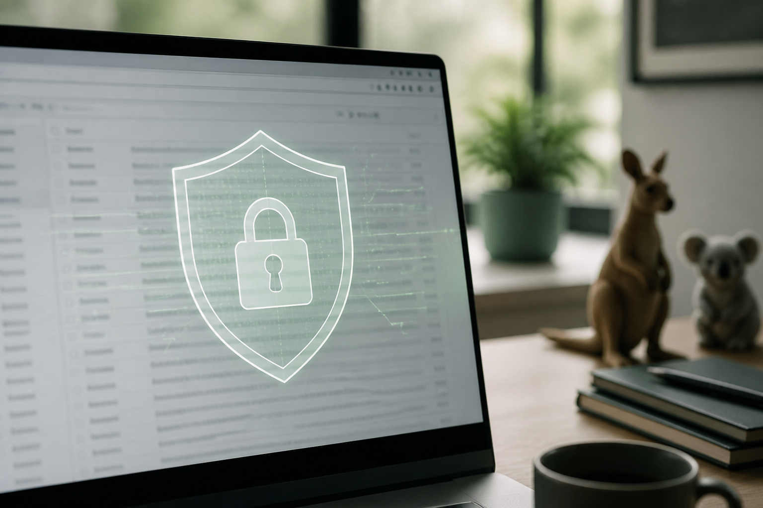 Computer screen showing a secure Gmail inbox with a digital shield, representing robust Gmail enhanced pre-delivery message scanning protecting an Australian small business.
